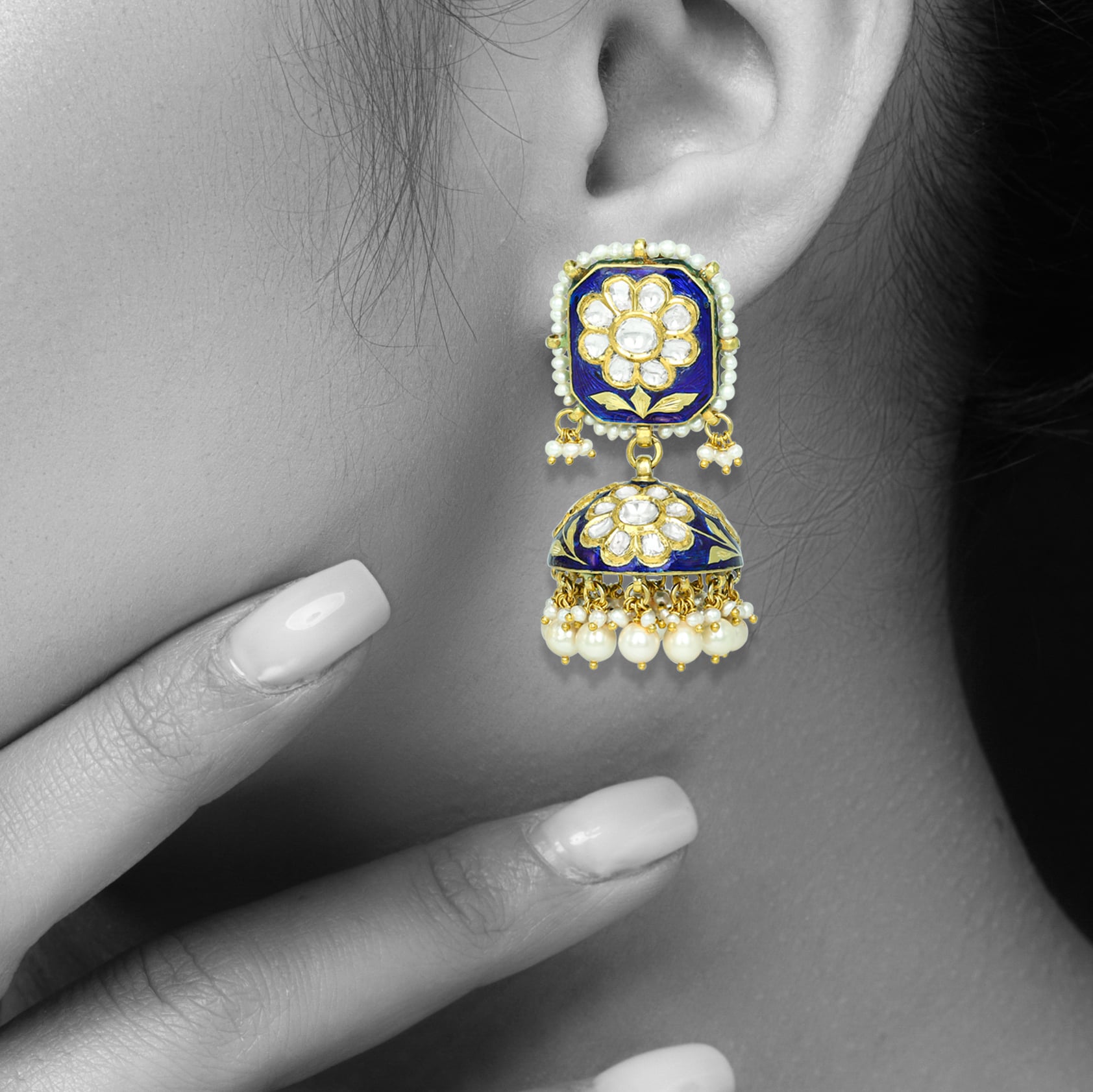 Blue Meena Polki Floral Jhumkas with Pearls